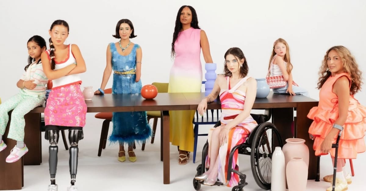 Models with disabilities wearing colorful custom-designed clothing on fashion runway