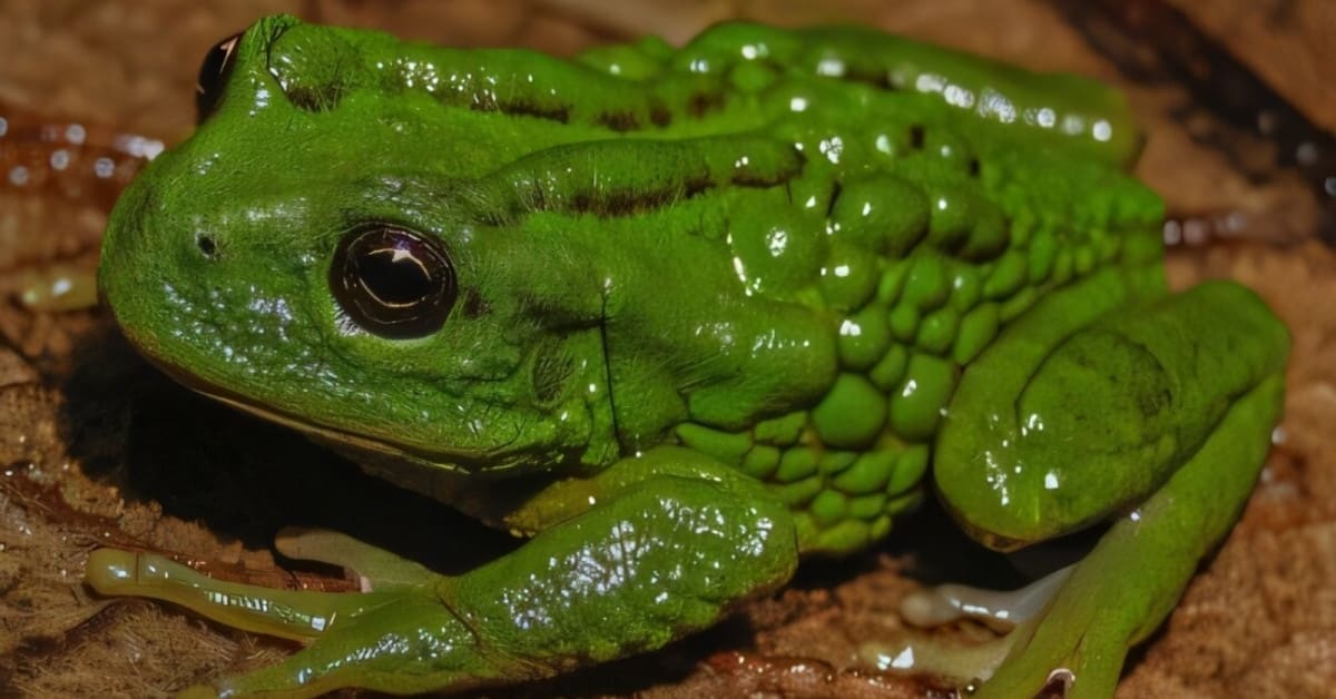 Tiny marsupial frog with bumpy skin perched on branch in Peruvian cloud forest