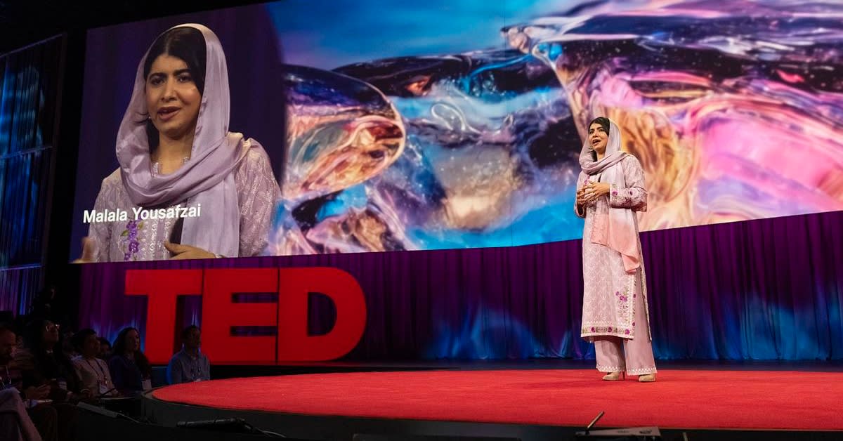 Malala Yousafzai speaking on stage at TED2026 conference in Vancouver, British Columbia