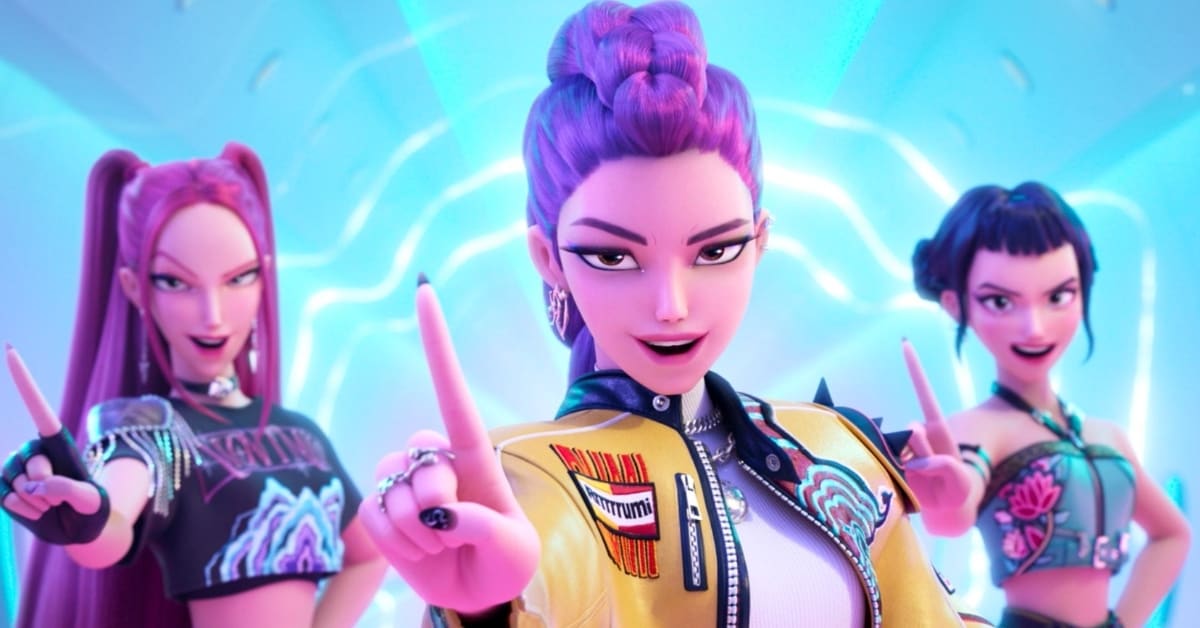 Still from KPop Demon Hunters showing animated girl group members in colorful performance outfits