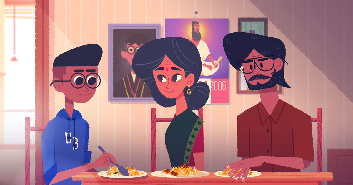 Screenshot from Venba video game showing cartoon style mother and son cooking South Indian food together