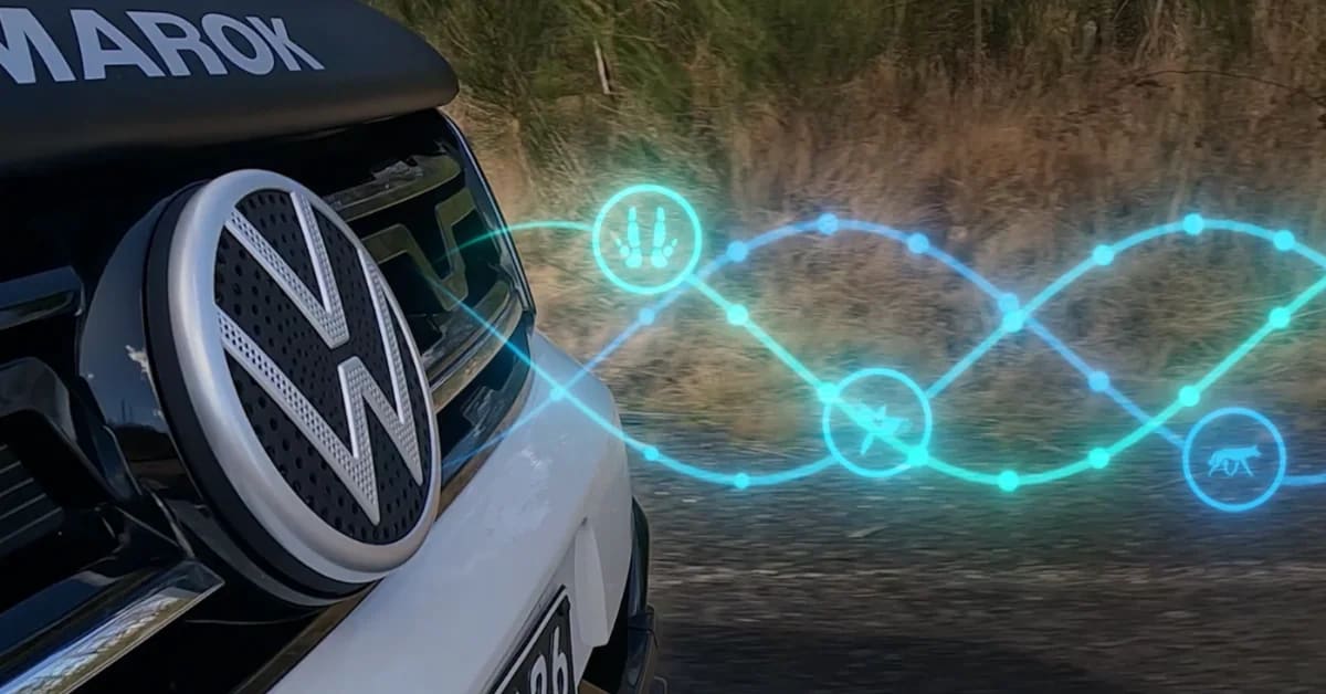 Volkswagen RooBadge device mounted on vehicle front bumper to deter kangaroos