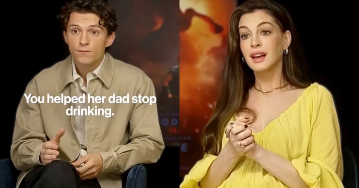 Tom Holland sits between Matt Damon and Anne Hathaway during press interview, visibly emotional