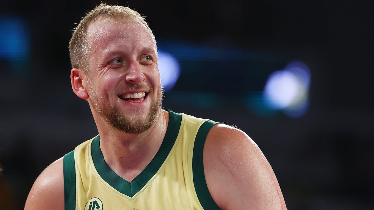 ** Joe Ingles in Australian Boomers basketball uniform during Olympic competition celebration