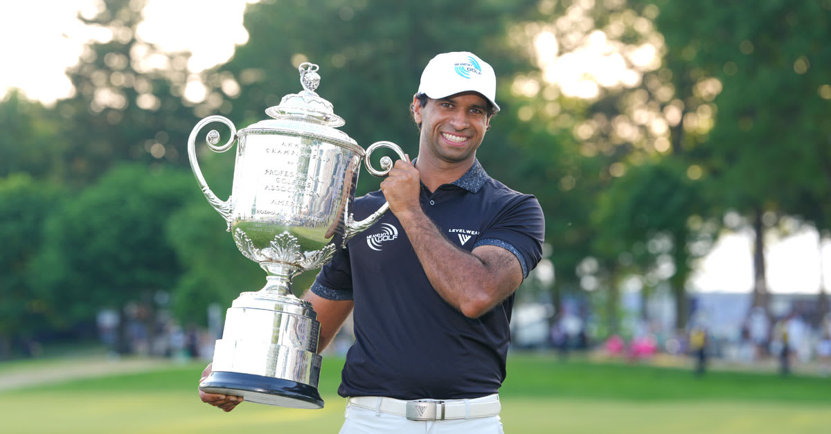 Aaron Rai holding the Wanamaker Trophy after winning the 2026 PGA Championship at Aronimink