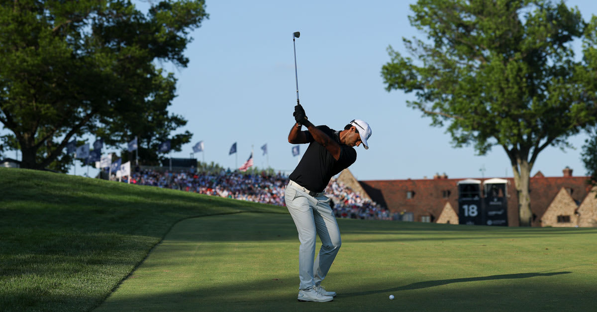 ** Aaron Rai holding the Wanamaker Trophy after winning the 2026 PGA Championship at Aronimink