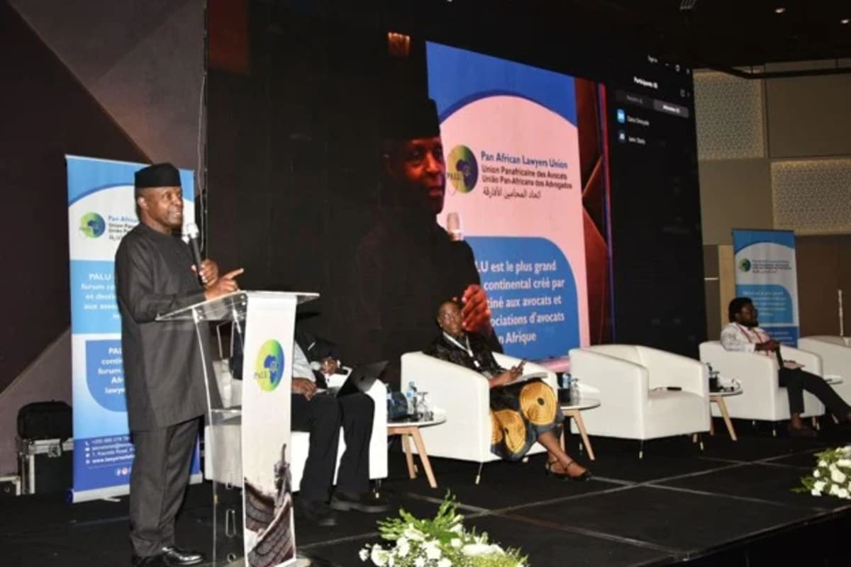 Former Nigerian Vice President Yemi Osinbajo speaking at Pan African legal conference in Cairo