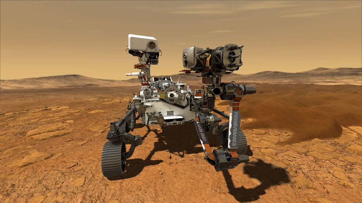 NASA's Perseverance rover exploring the red rocky surface of Mars' Jezero Crater