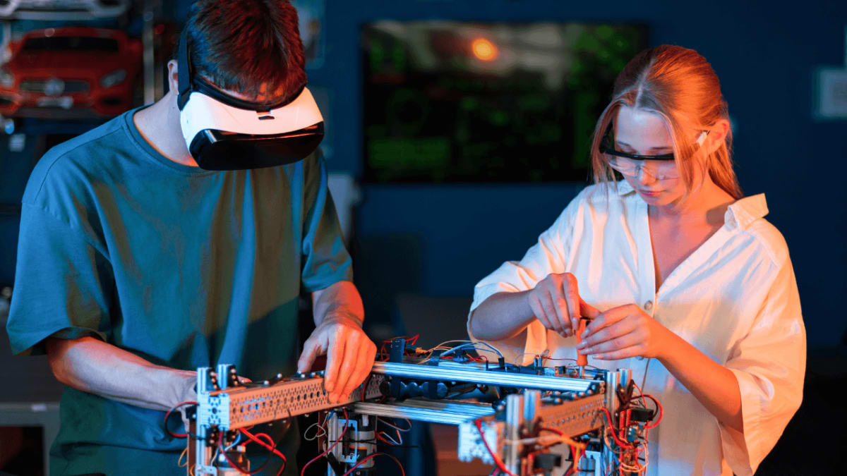 Researchers working in modern laboratory with advanced scientific equipment and technology displays