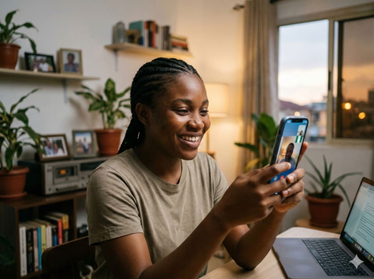 Young Nigerian man smiling while video chatting on smartphone in home setting