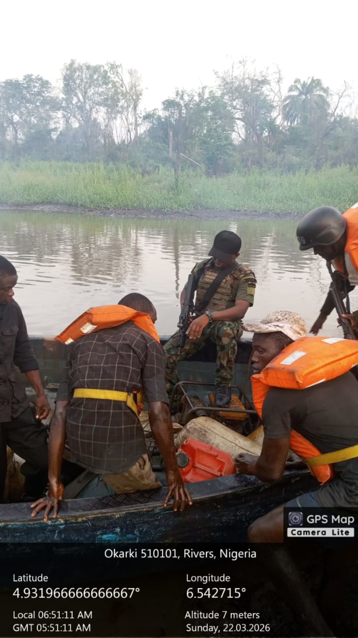Nigerian Navy personnel conducting anti-oil theft operation in Rivers State waterways