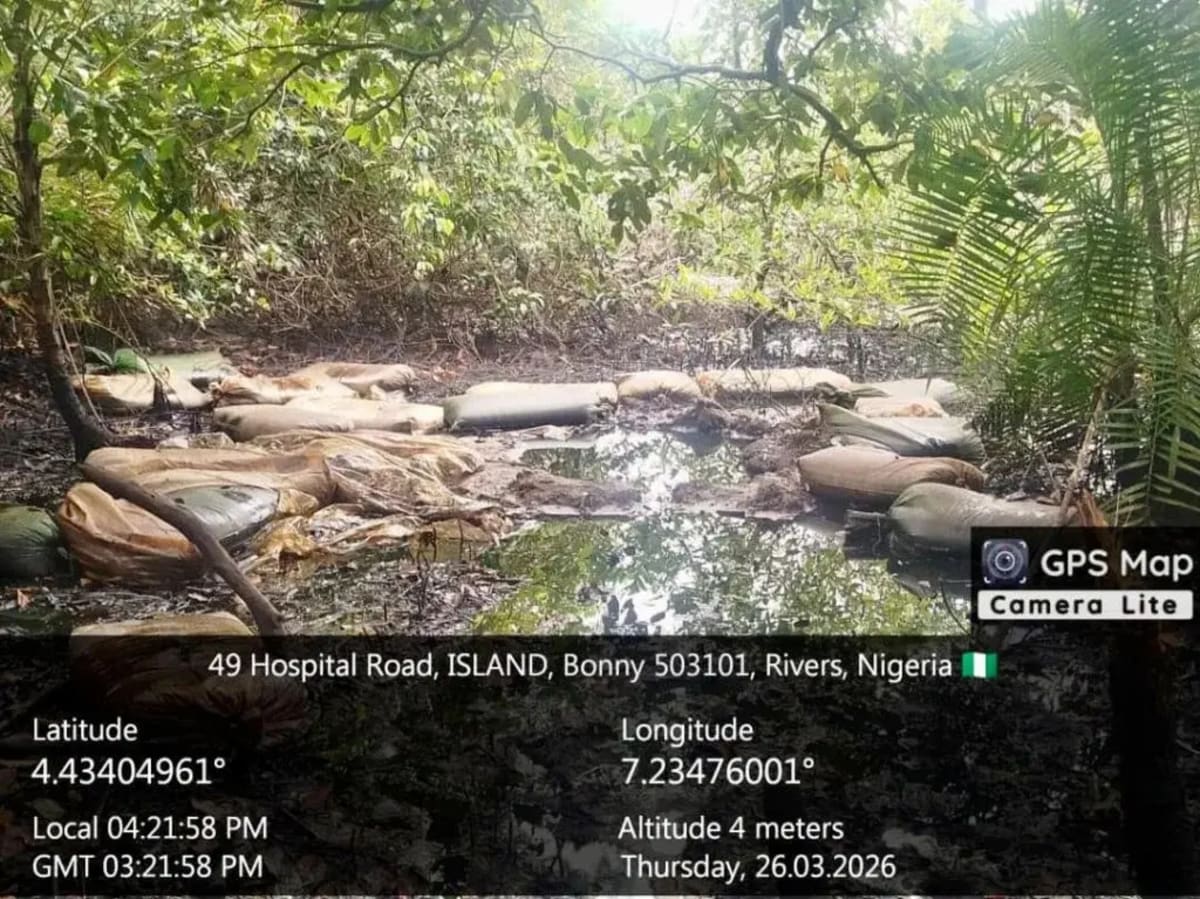 Illegal oil refinery site with makeshift equipment dismantled by Nigerian Navy in Rivers State