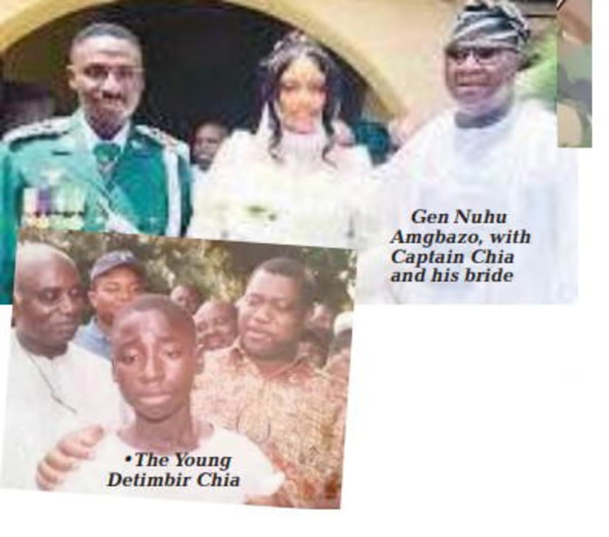 Captain Detimbir Chia in military uniform with his bride and mentor General Amgbazo at wedding