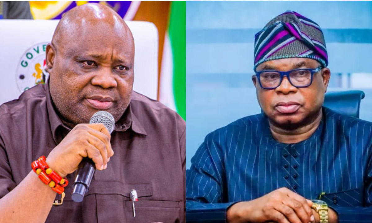 Nigerian politicians Bola Oyebamiji and Ademola Adeleke during Osun State election campaign
