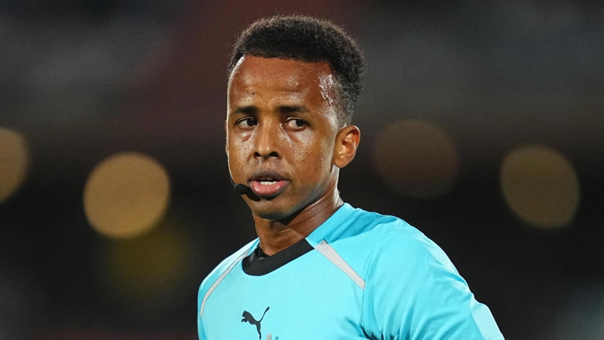 Somali referee Omar Artan in official uniform making history at UEFA match