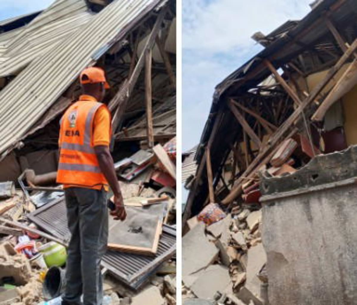 Emergency rescue team working at collapsed residential building site in Kubwa, Abuja