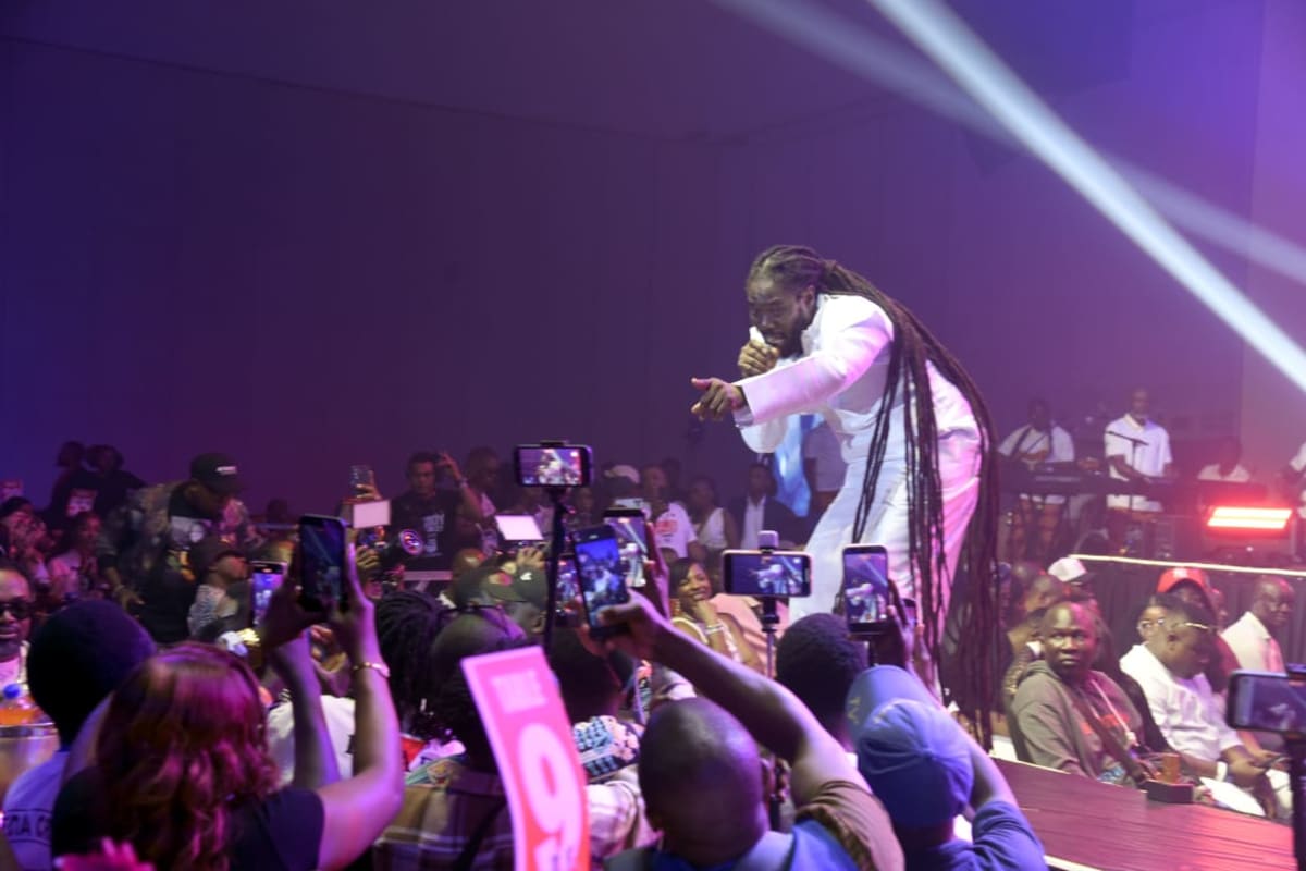 ** Daddy Showkey performing on stage at his 50th anniversary concert in Lagos, Nigeria