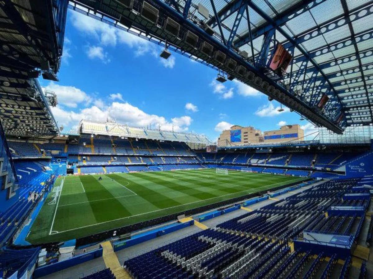 Stamford Bridge stadium exterior with Chelsea FC signage in west London England