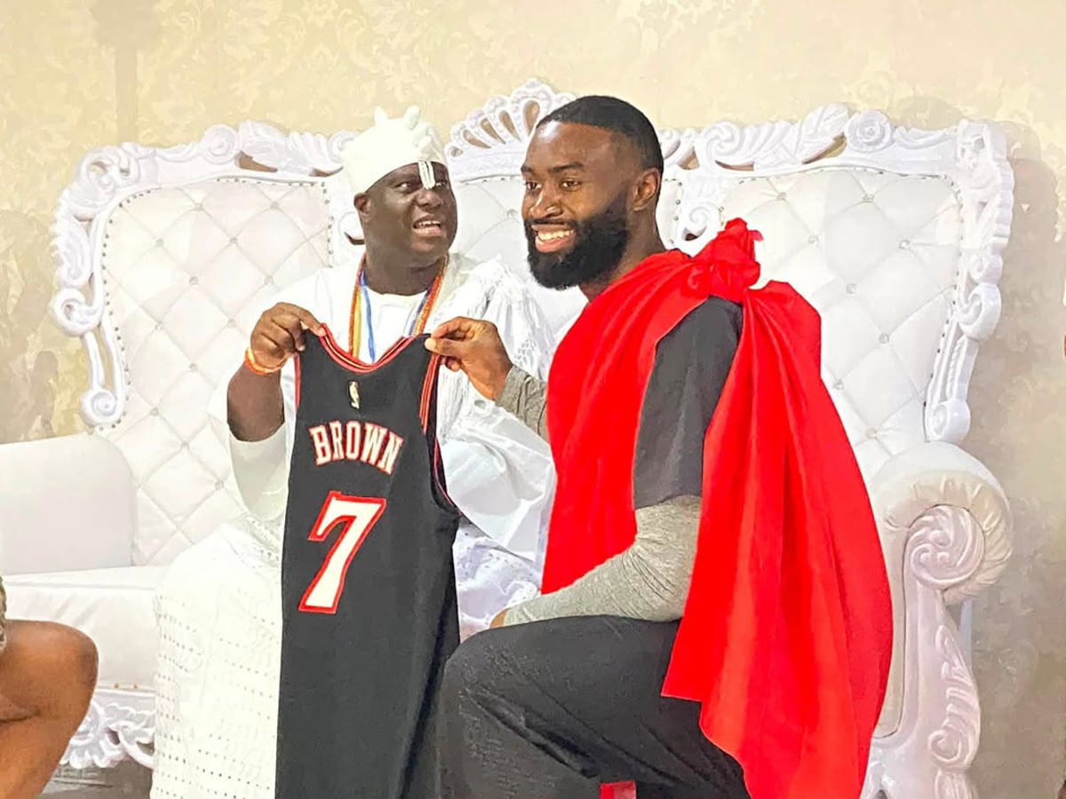 NBA star Jaylen Brown receiving traditional Yoruba name at historic royal palace in Nigeria