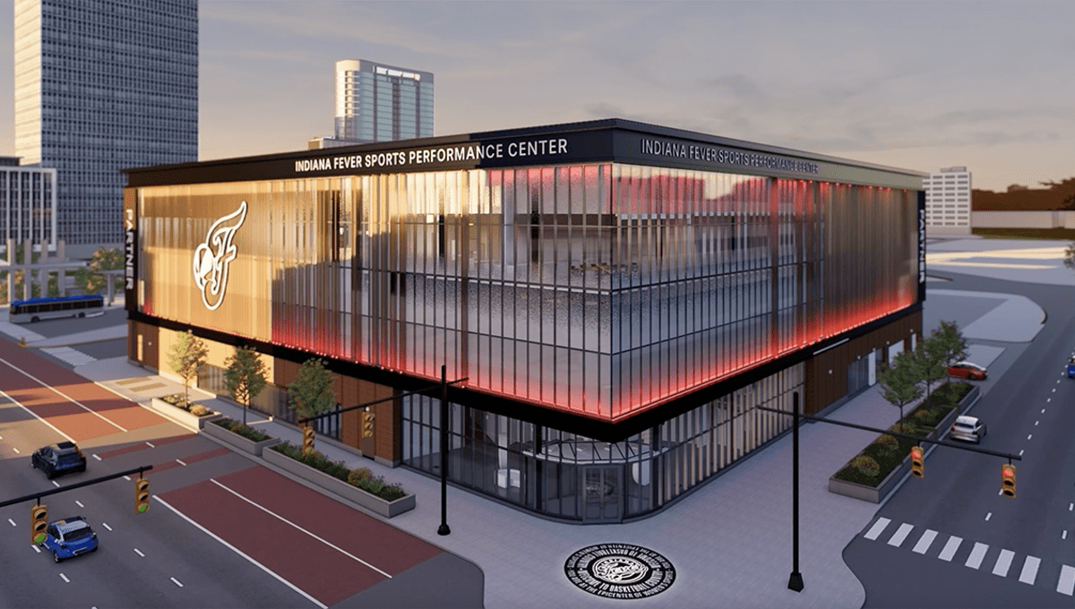 Interior rendering of the bright, modern Indiana Fever Sports Performance Center training facility