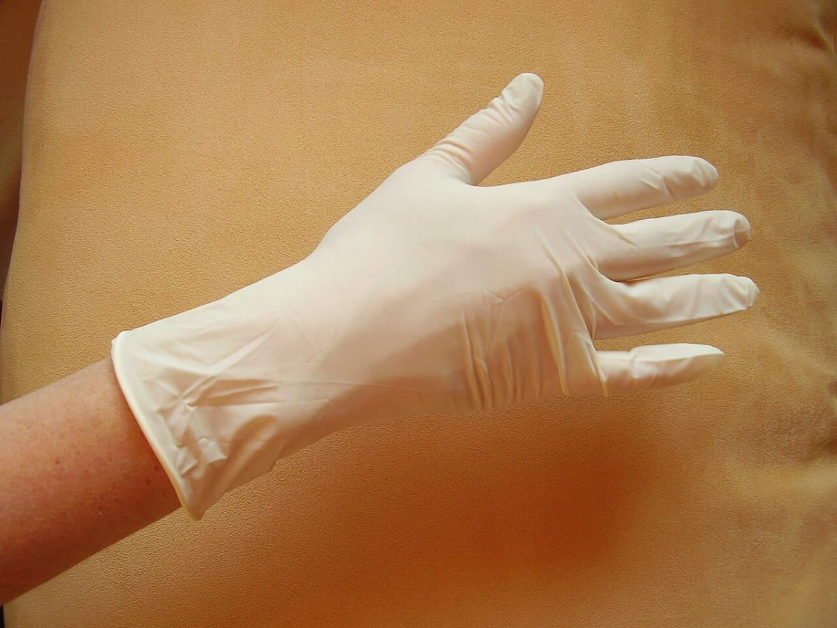 Close-up photograph of disposable latex or nitrile laboratory gloves used in scientific research