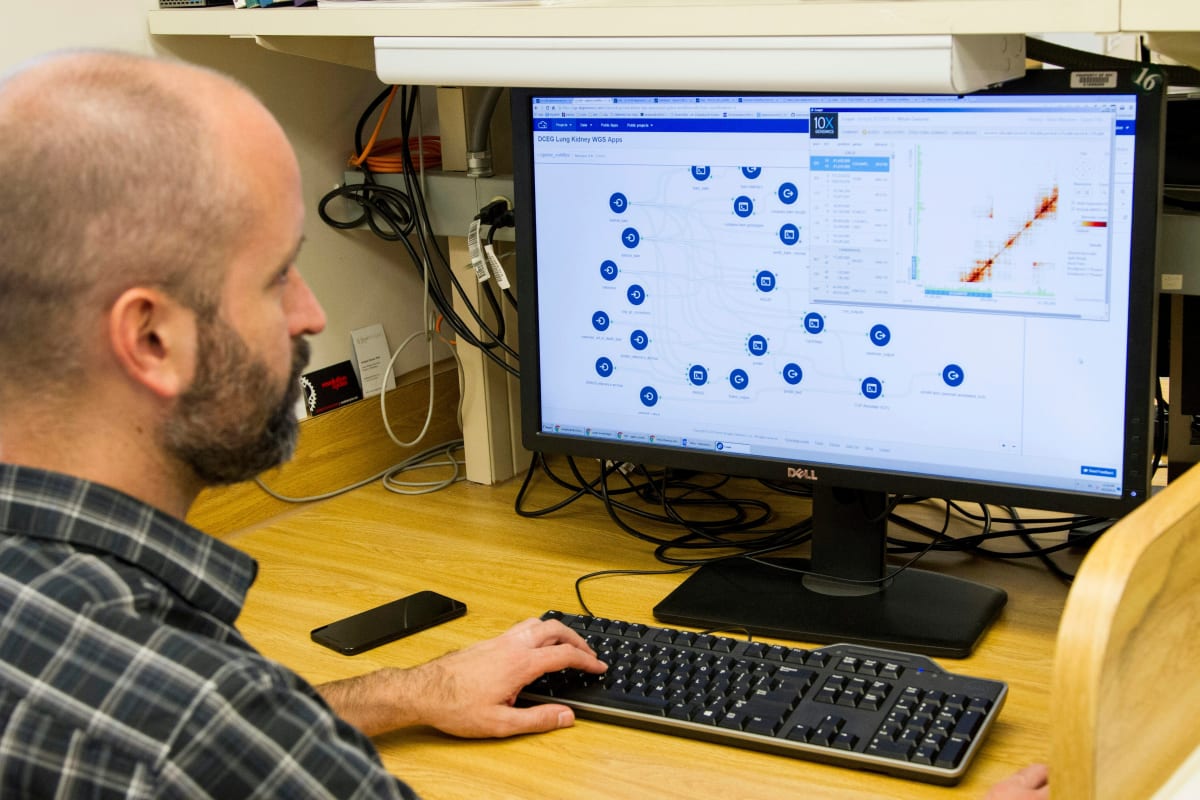 Futuristic visualization of artificial intelligence analyzing scientific data and conducting research experiments