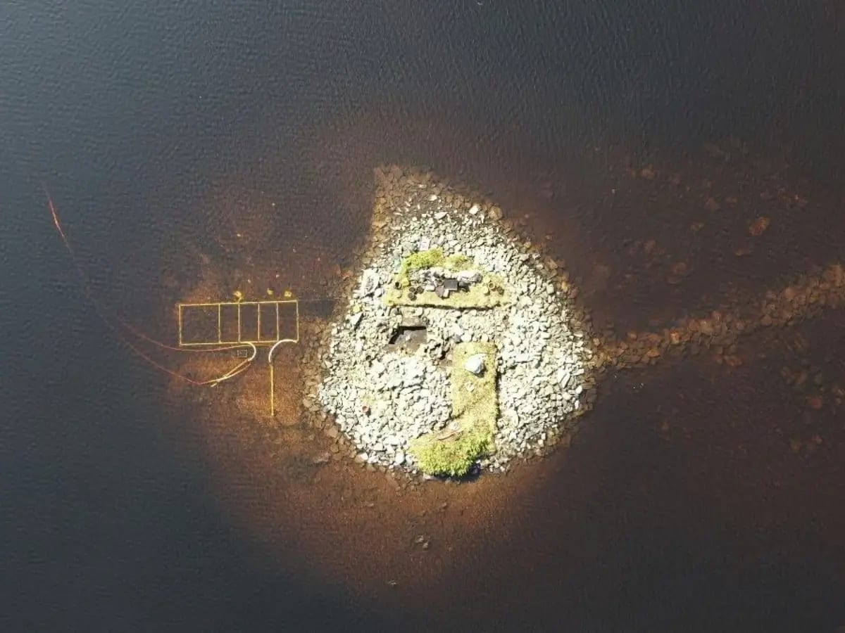 Aerial view of Loch Bhorgastail on Scotland's Isle of Lewis showing ancient artificial island remains