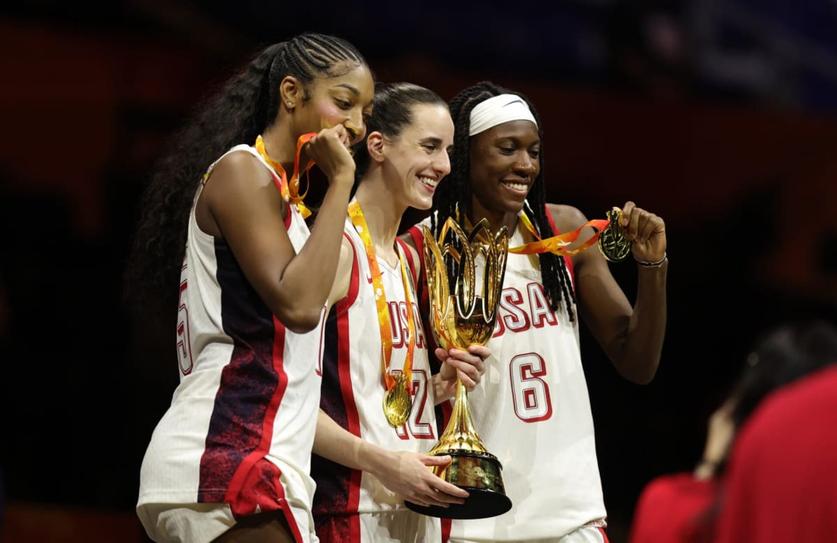 Caitlin Clark celebrating in Team USA basketball uniform during 2026 FIBA World Cup championship game