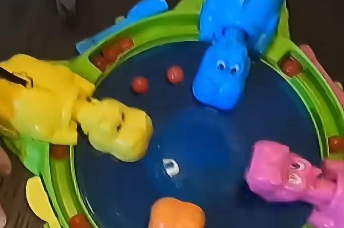 Idaho family of four playing Hungry Hungry Hippos board game during world record attempt