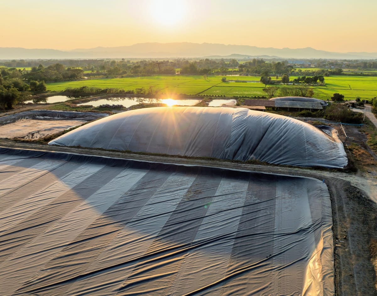 Covered manure lagoon with methane digester system at California dairy farm capturing greenhouse gases