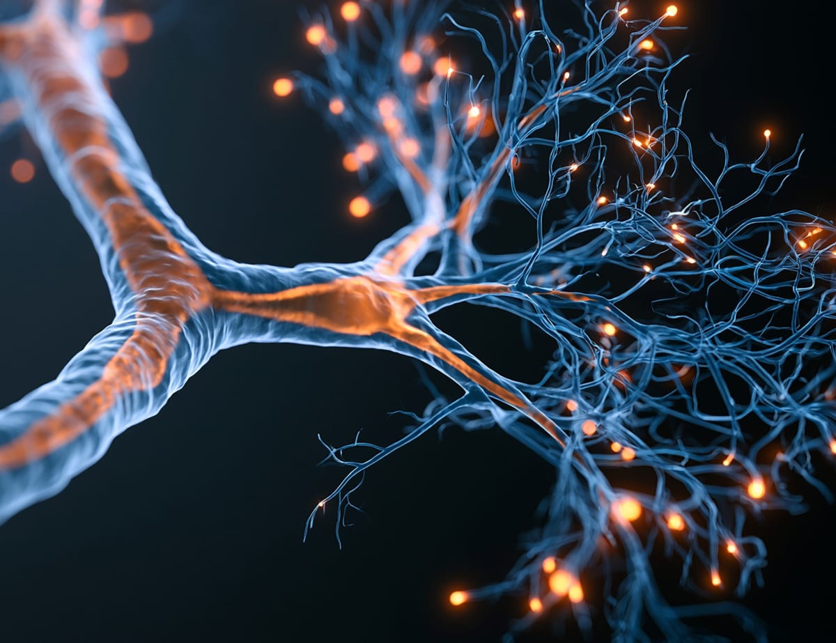 3D illustration of connected neurons in the prefrontal cortex and hippocampus showing memory pathways