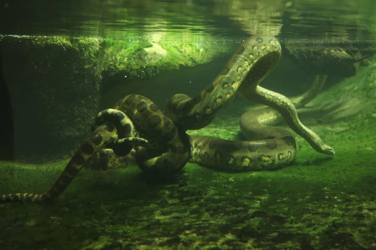 Large green anaconda in Amazon rainforest with scientists conducting research nearby