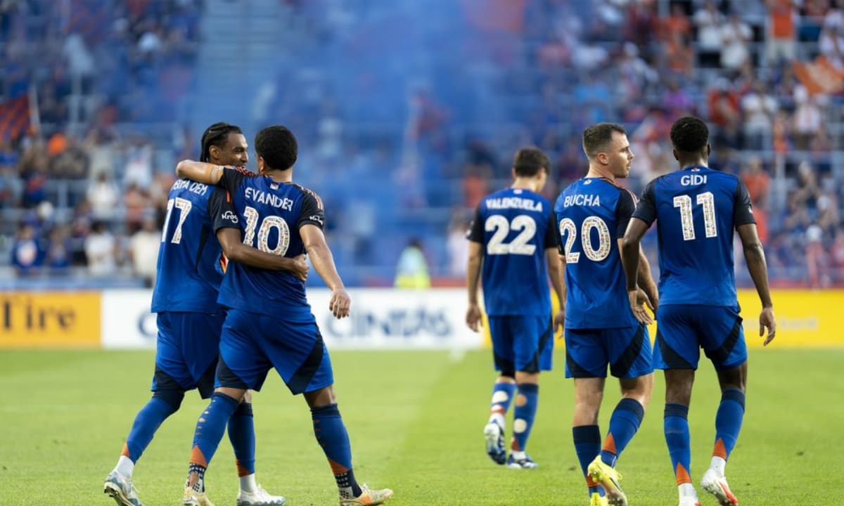 Evander celebrating on soccer field after scoring goal for FC Cincinnati at TQL Stadium
