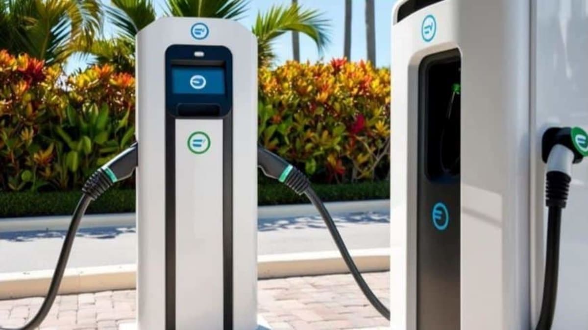 Electric vehicle charging station in Boynton Beach, Florida with palm trees in background