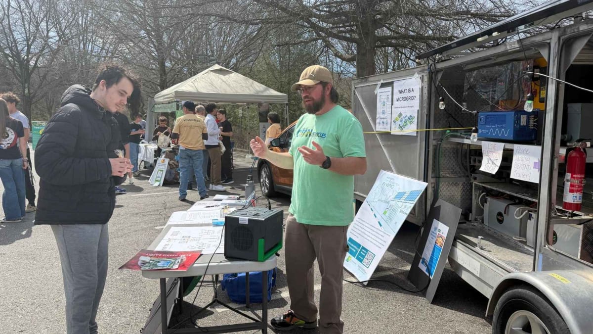 Ian Baillie presenting mobile power trailer at Western North Carolina environmental summit