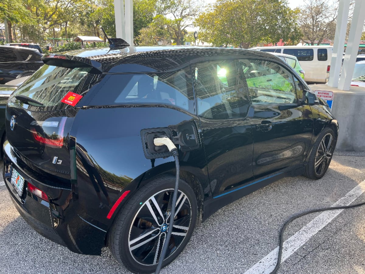 Modern electric vehicle charging station in parking lot with green landscape background