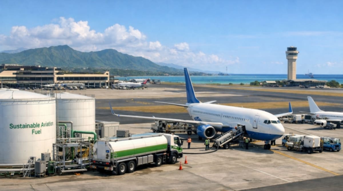 Solar panels installed on Hawaiian rooftop with blue ocean and sky in background