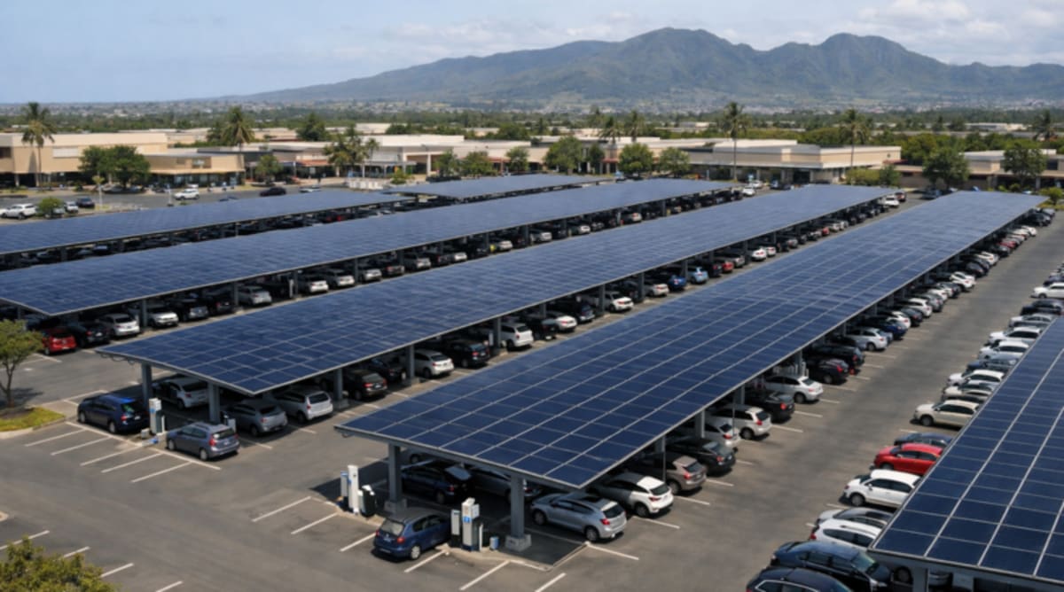 Solar panel canopy covering commercial parking lot providing shade and renewable energy generation