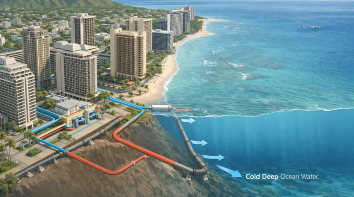 Conceptual rendering of waterfront seawater cooling plant supplying district cooling to Honolulu buildings