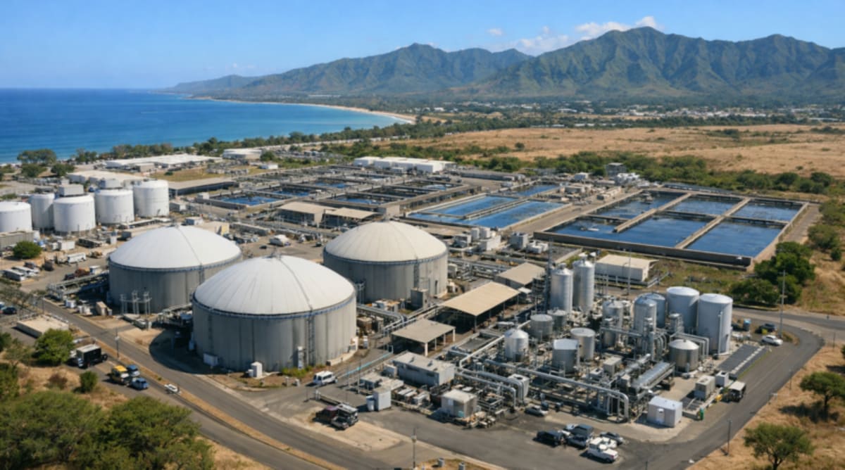 Wastewater treatment facility with biogas digesters at Honouliuli on Oahu Island Hawaii