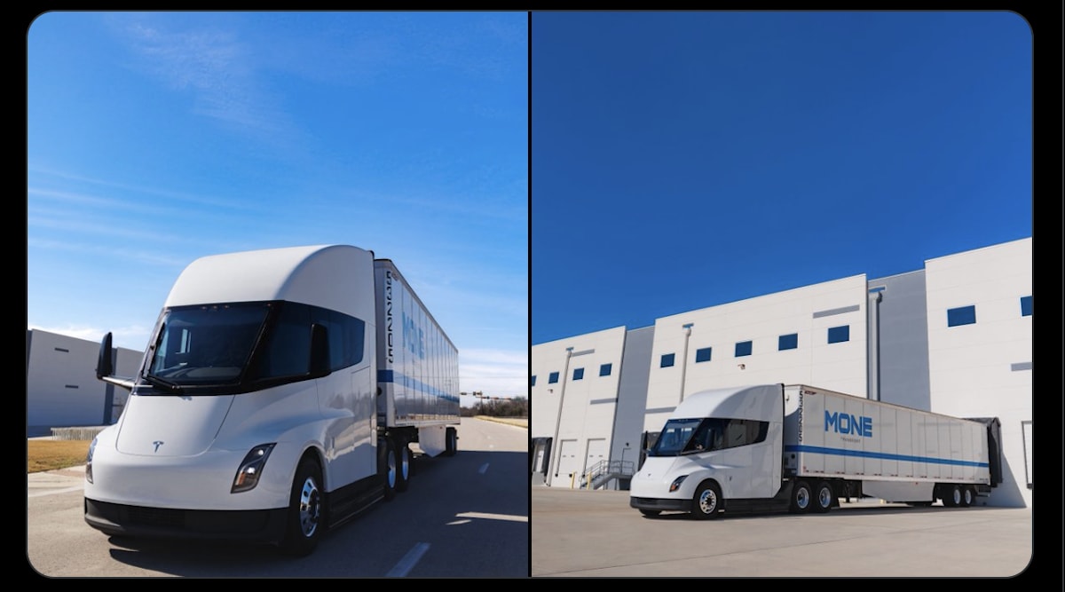 Multiple electric semi trucks on display at indoor transportation exhibition hall in Germany