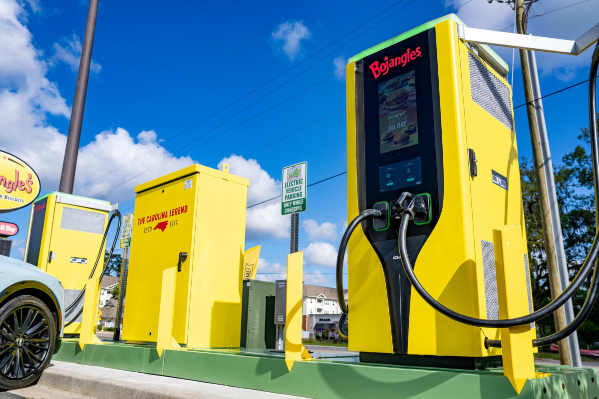 Electric vehicle charging station at Bojangles restaurant in Savannah, Georgia with charging ports visible