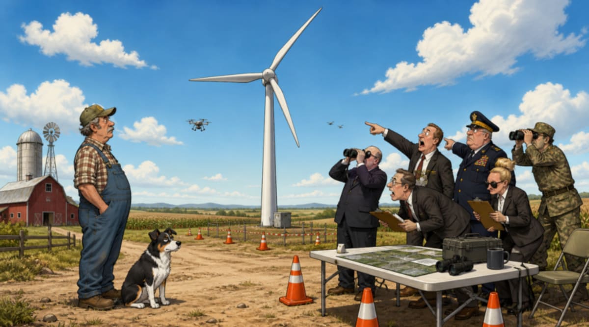 ** Wind turbines on farmland against blue sky representing successful energy development coordination