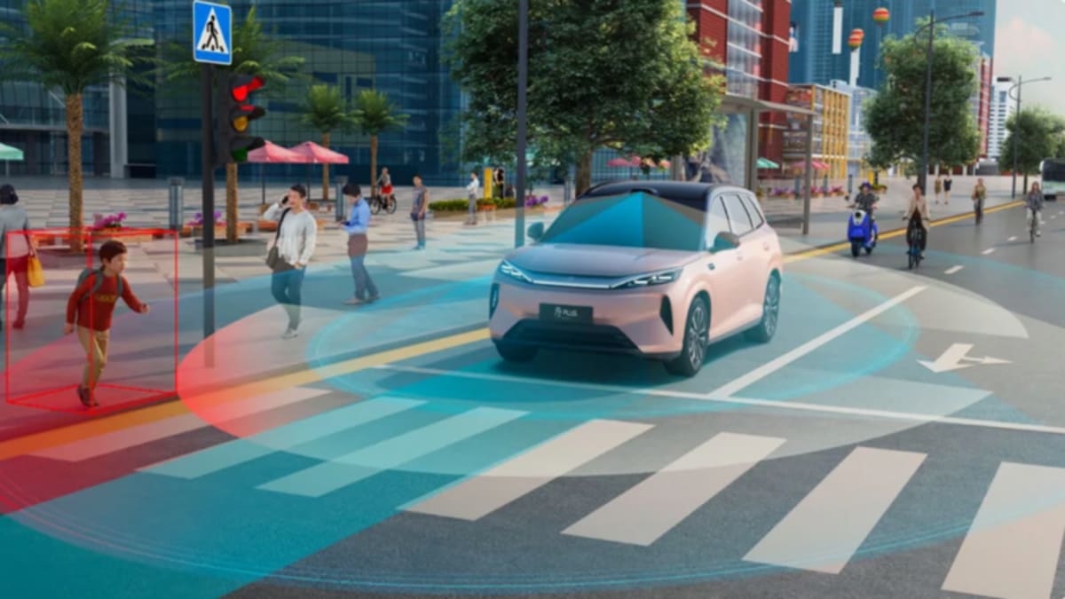 BYD electric vehicle showcasing autonomous God's Eye driver assistance technology system