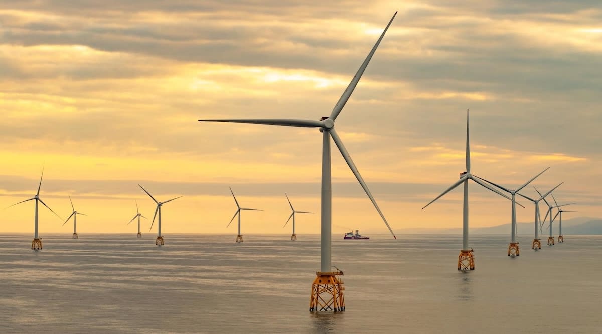 Floating offshore wind turbines on deep blue ocean waters off California coast
