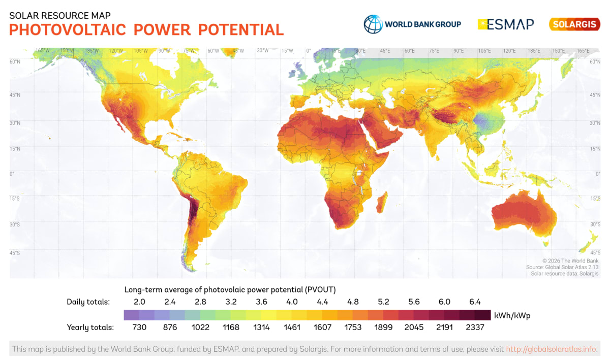 Global map showing solar irradiation levels across continents with highest intensity in equatorial regions