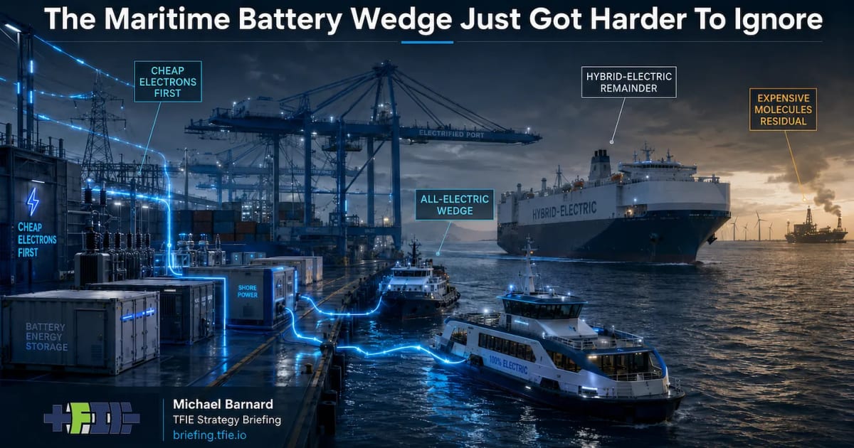 Modern electric cargo ship docked at port with charging infrastructure and solar panels