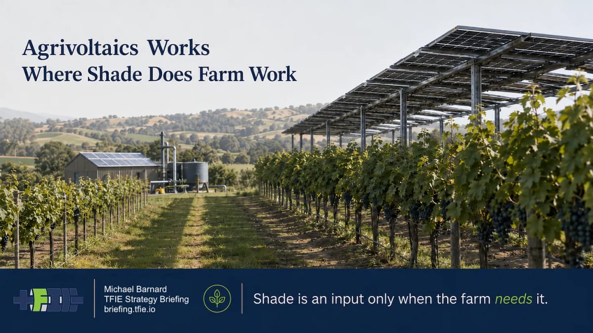 Solar panels installed above agricultural crops providing protective shade while generating renewable electricity