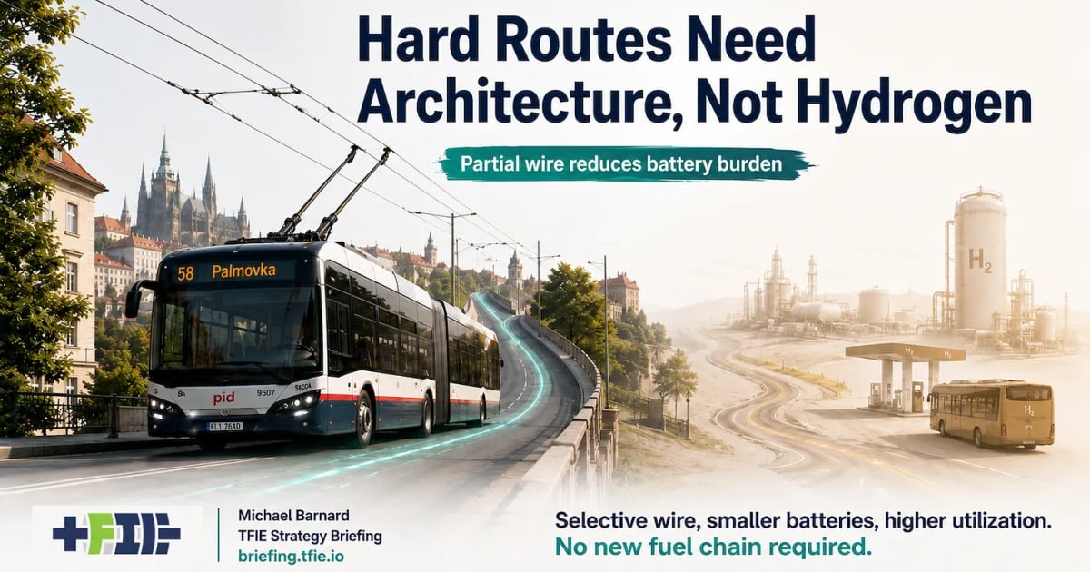 Modern electric trolleybus drawing power from overhead wires on Prague city street