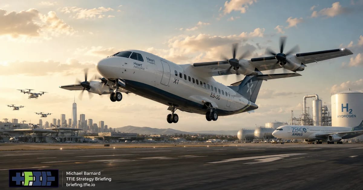 Large white electric airplane with extended wingspan taking off from airport runway